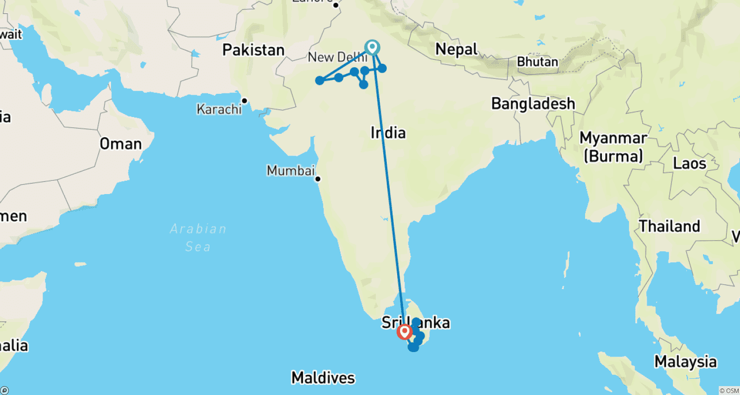インド＋スリランカ体験のルートマップ
