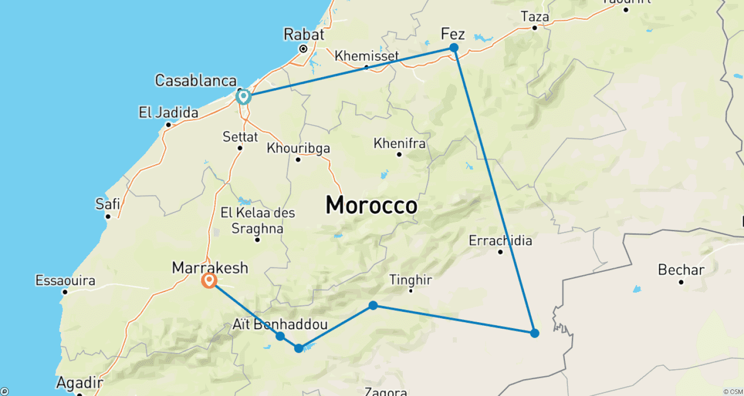 خريطة مسار جولة المغرب الخاصة لمدة 5 أيام من الدار البيضاء إلى مراكش مع مخيم صحراوي فاخر