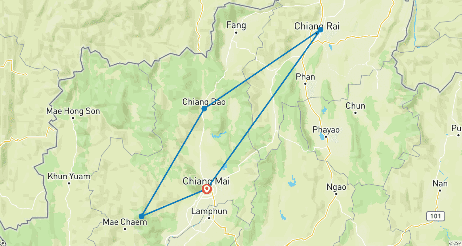 Mapa do percurso de 8 Dias para Desfrutar dos Destaques de Chiang Mai e Chiang Rai.