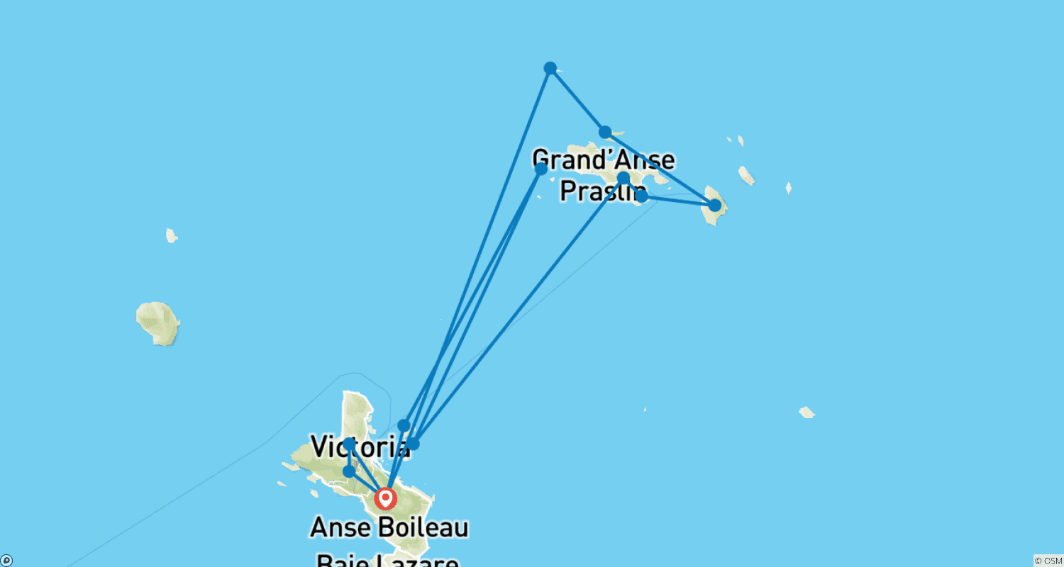 Mapa do percurso de Encantos Tropicais das Seicheles 2026-2027