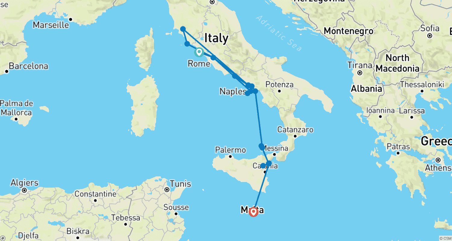 Mapa trasy: Amalfi Coast, Sicily & Malta 2027
