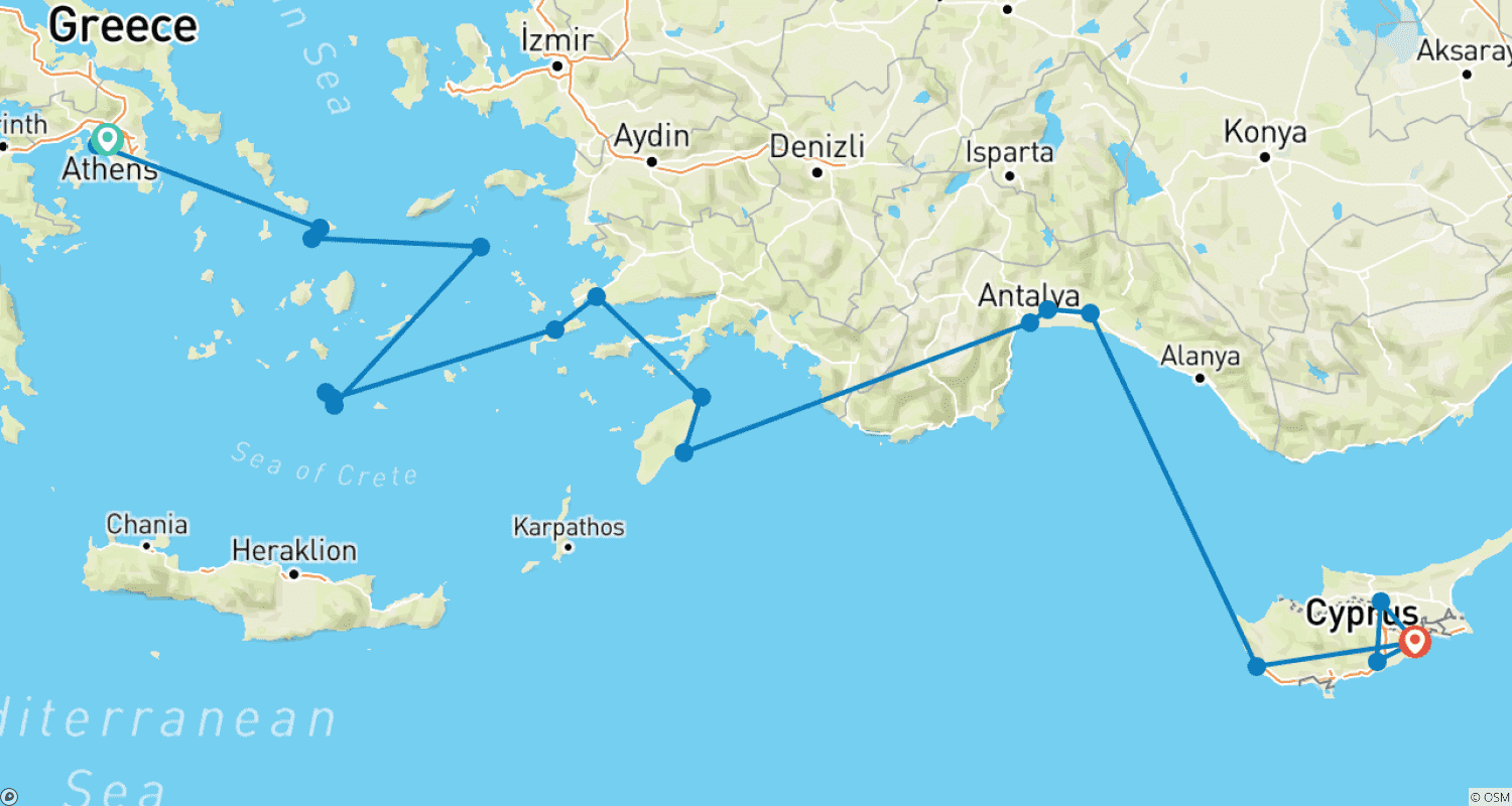 Mapa trasy: A voyage from Greece to Cyprus