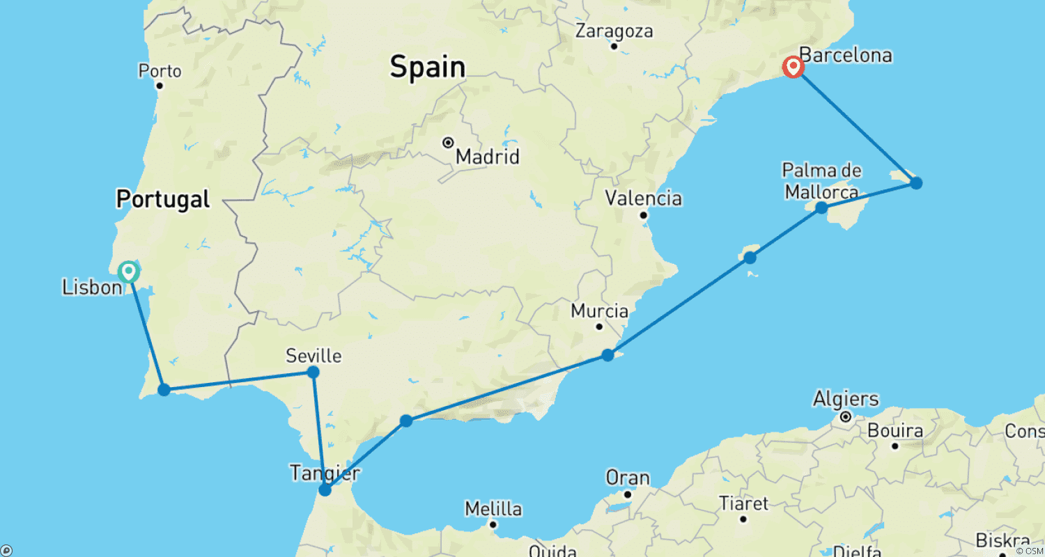 Mapa trasy: Perły Południowej Hiszpanii i Portugalii 2026 - 11 Dni (z Lizbony do Barcelony)