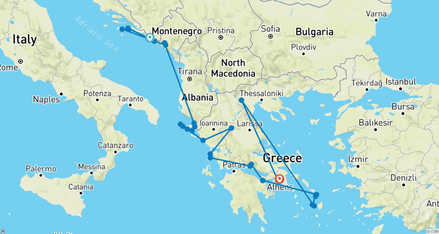 Mapa do percurso de Adriático, Canal de Corinto e as Ilhas Gregas 2026