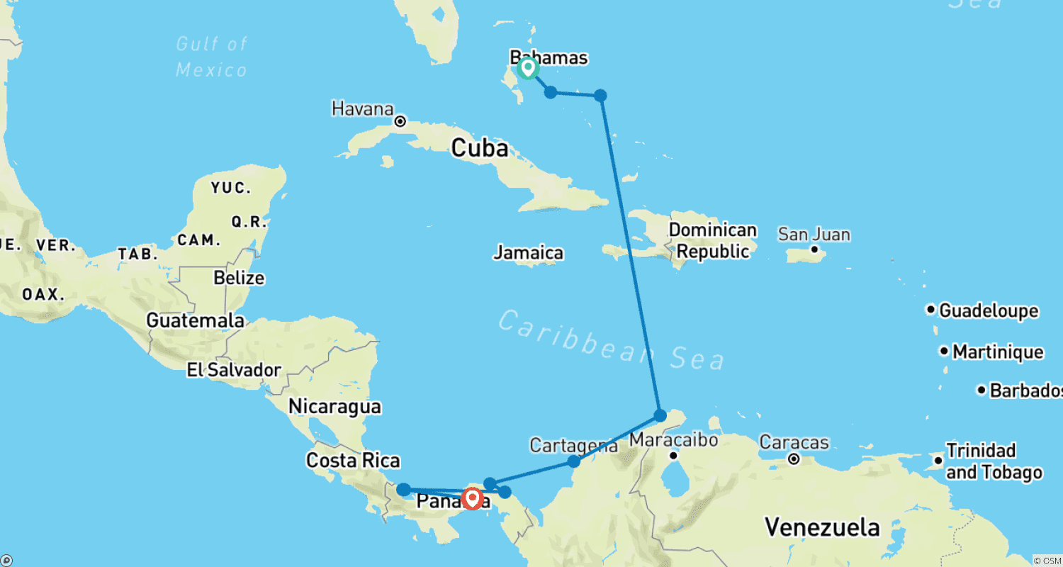 Mapa do percurso de Ilhas intocadas das Bahamas e do Canal do Panamá