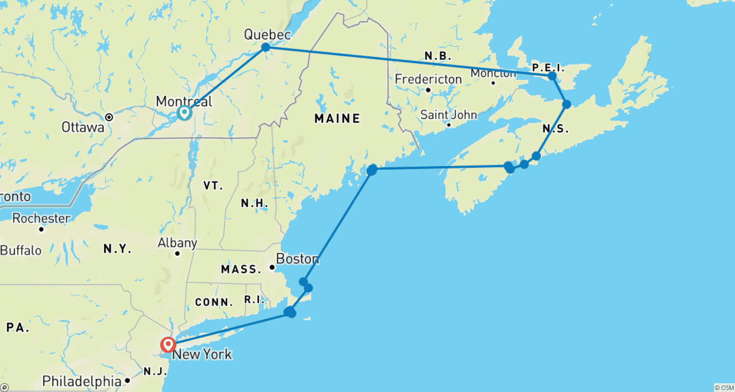 カナダとアメリカ東海岸の紅葉 2026のルートマップ