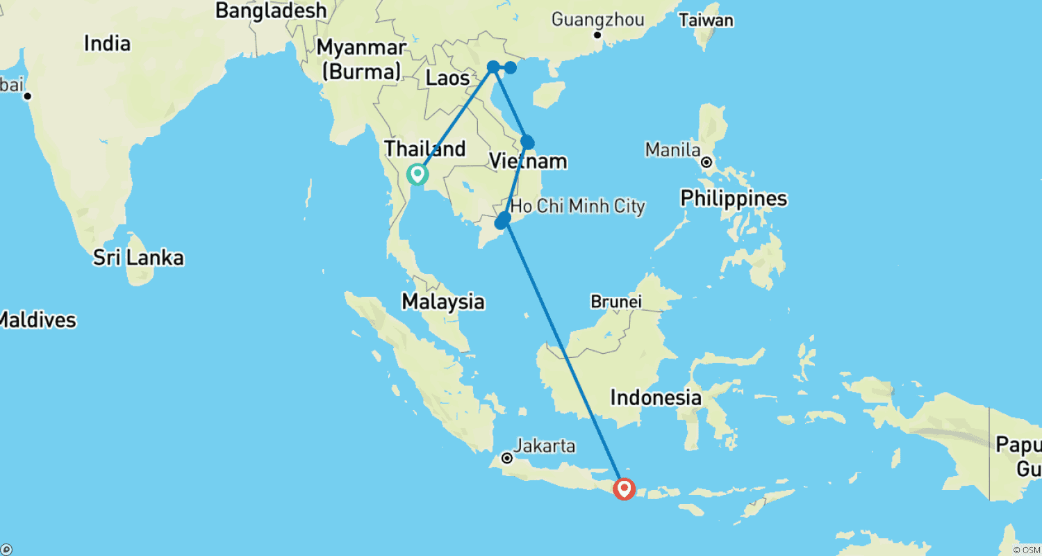 Mapa trasy: Tajlandia - Wietnam - Bali w 14 dni