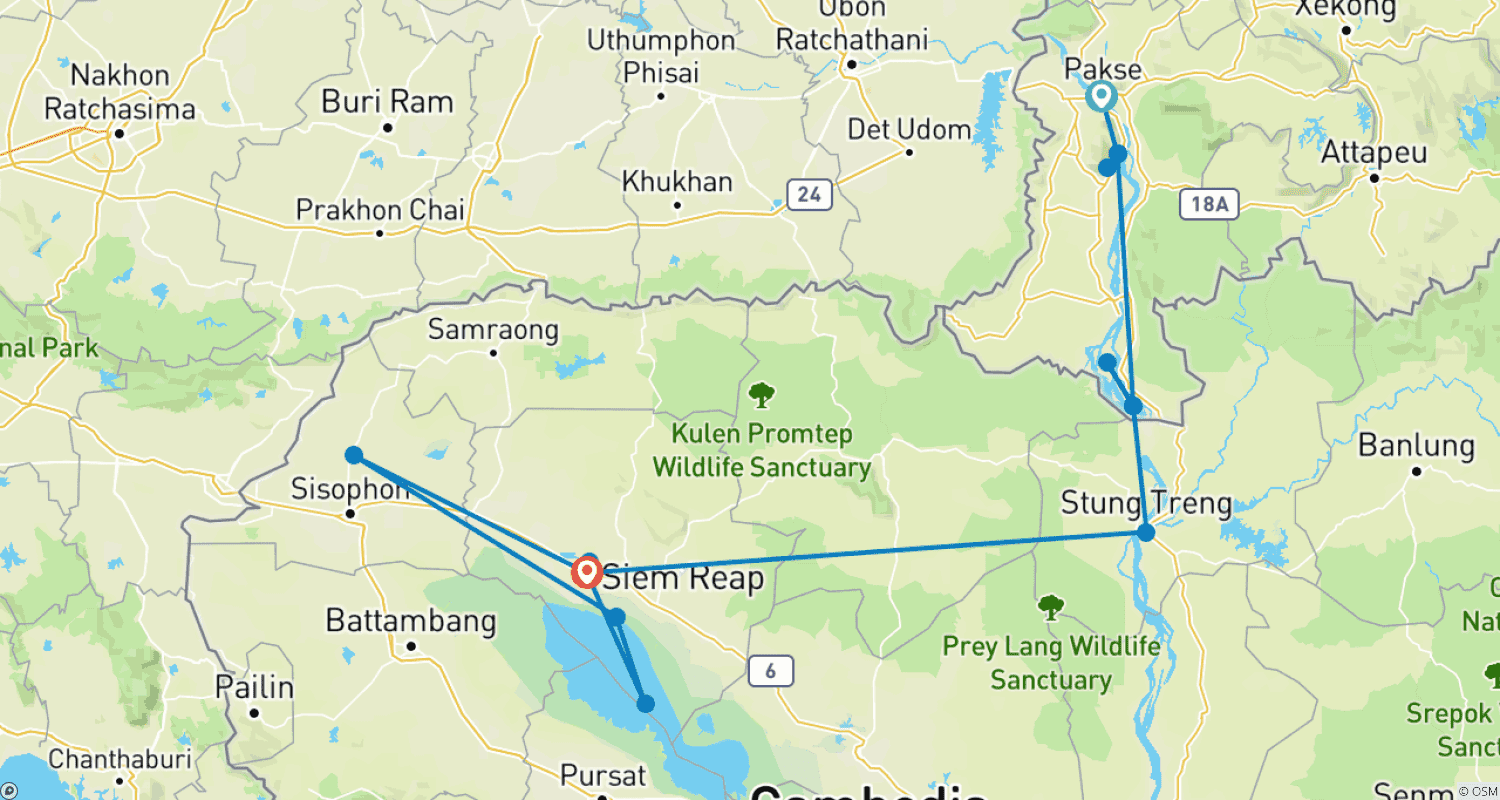 Cycle Southern Laos to Angkor Watのルートマップ