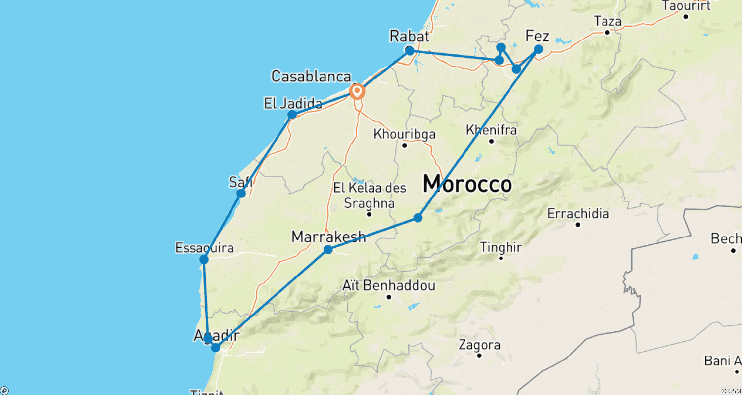Mapa do percurso de Morocco Great Tour “From Casablanca” 11 Days