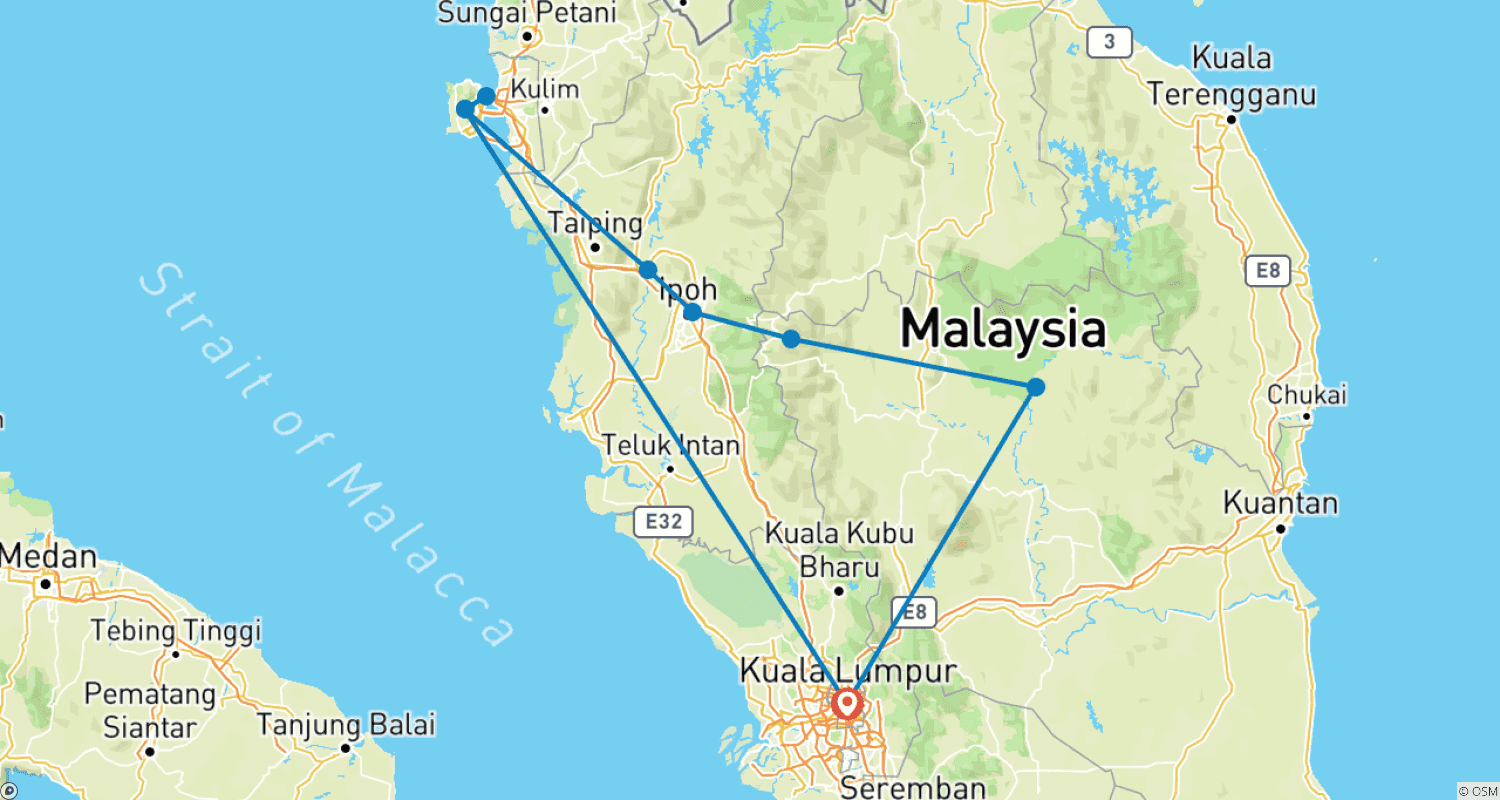 Mapa do percurso de Excursão de 9 Dias na Malásia para Descobrir a Cidade e a Natureza.