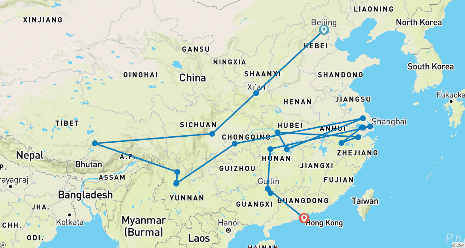 Mapa do percurso de Tour Aprofundado Personalizado pela China de 30 Dias, Partida Diária (Guia e Motorista Privados)