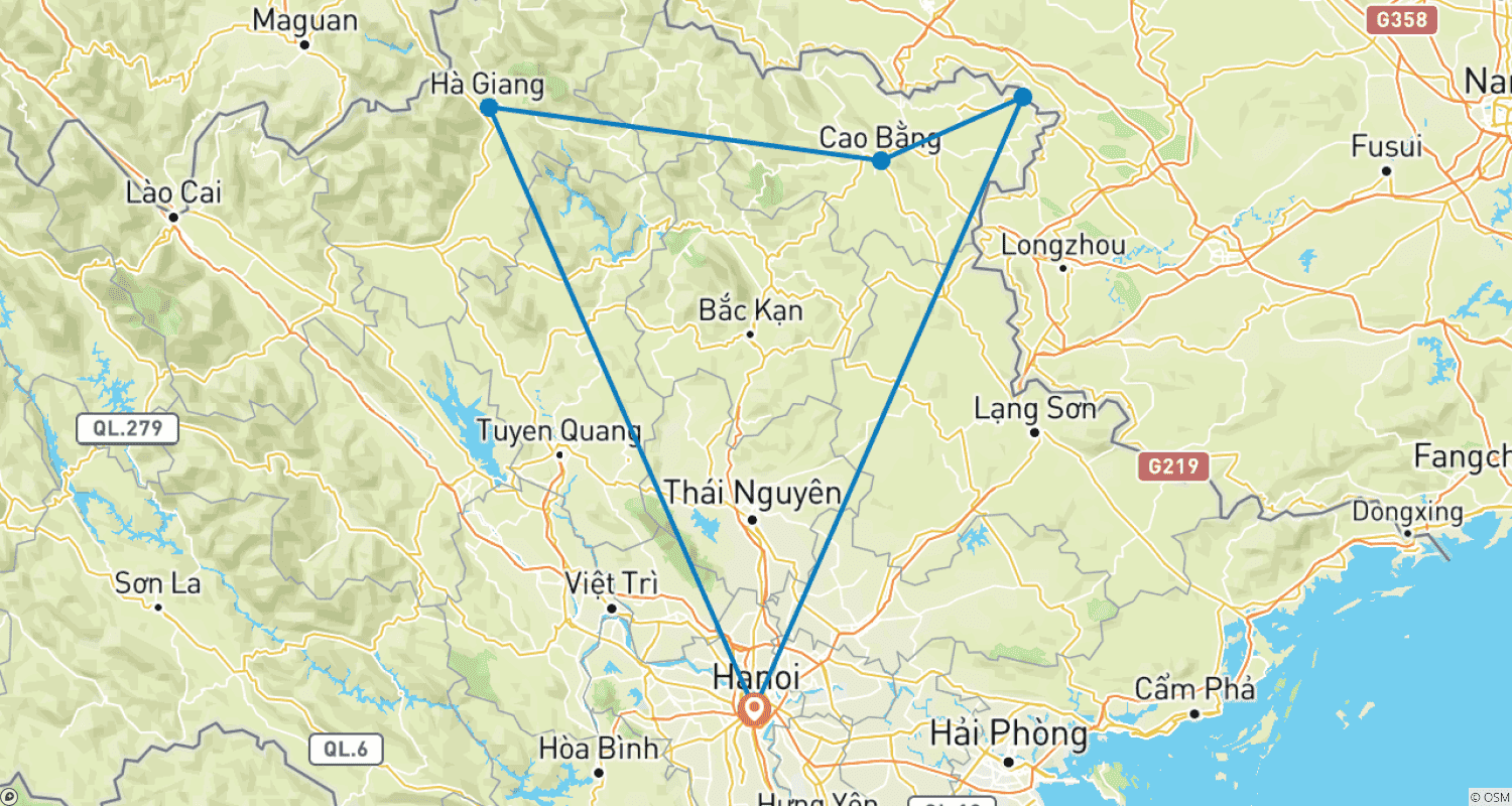 Mapa do percurso de Destaques do Nordeste do Vietnã: Circuito Ha Giang - Cachoeira Ban Gioc Tour Privado