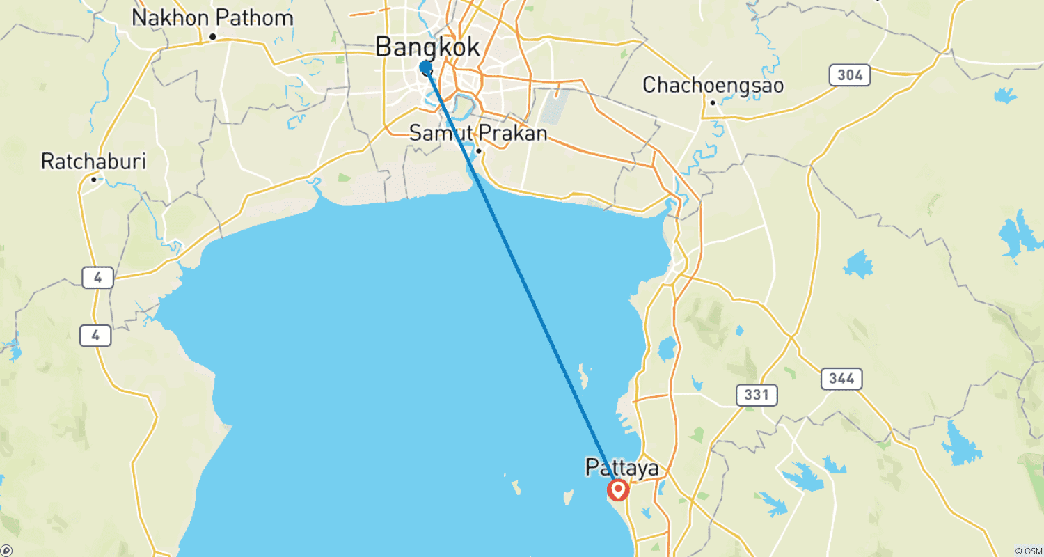 Mapa trasy: 6 dni w Pattaya, w tym Wyspa Koralowa (Koh Larn) oraz wizyta w świątyniach Bangkoku i wiele więcej.