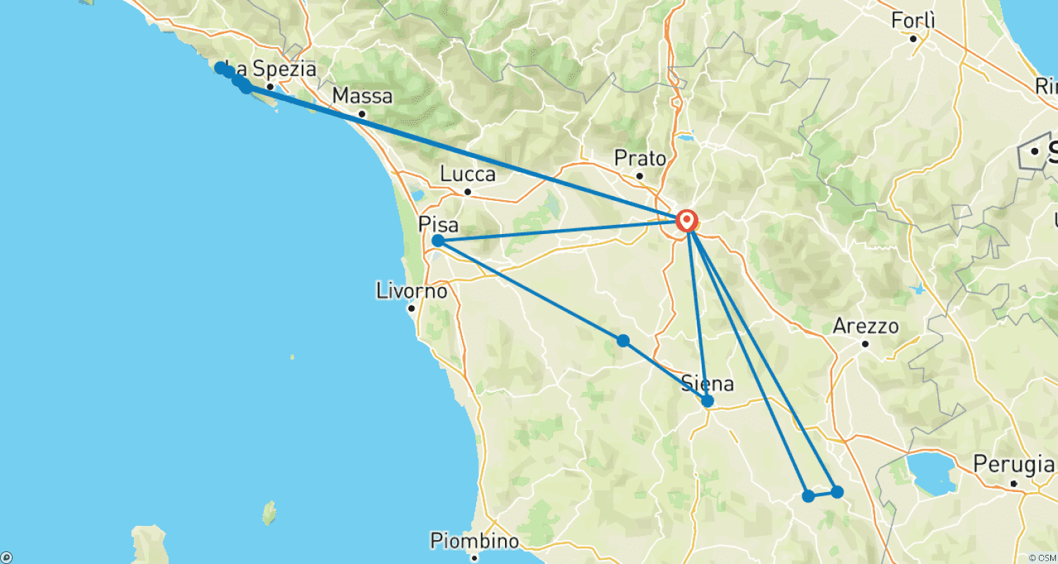 Mapa trasy: 7-dniowa wycieczka po najważniejszych atrakcjach Włoch – Florencja, Toskania i Cinque Terre