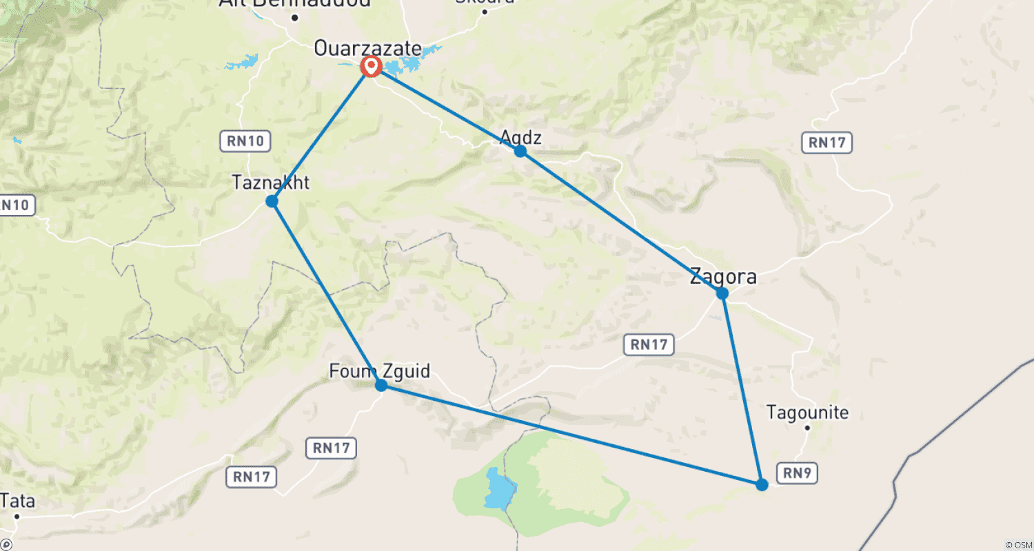 Mapa do percurso de Viagem ao deserto de Ouarzazate a Erg Chegaga 1 noite
