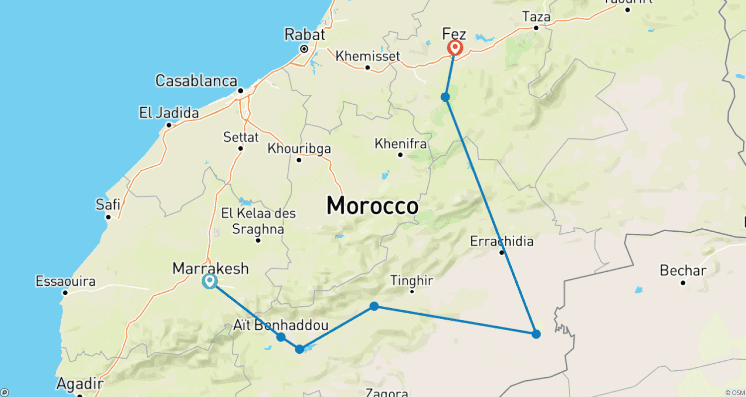 Mapa trasy: 3-dniowa wycieczka po Maroku: Pustynna Przygoda z Marrakeszu do Fezu