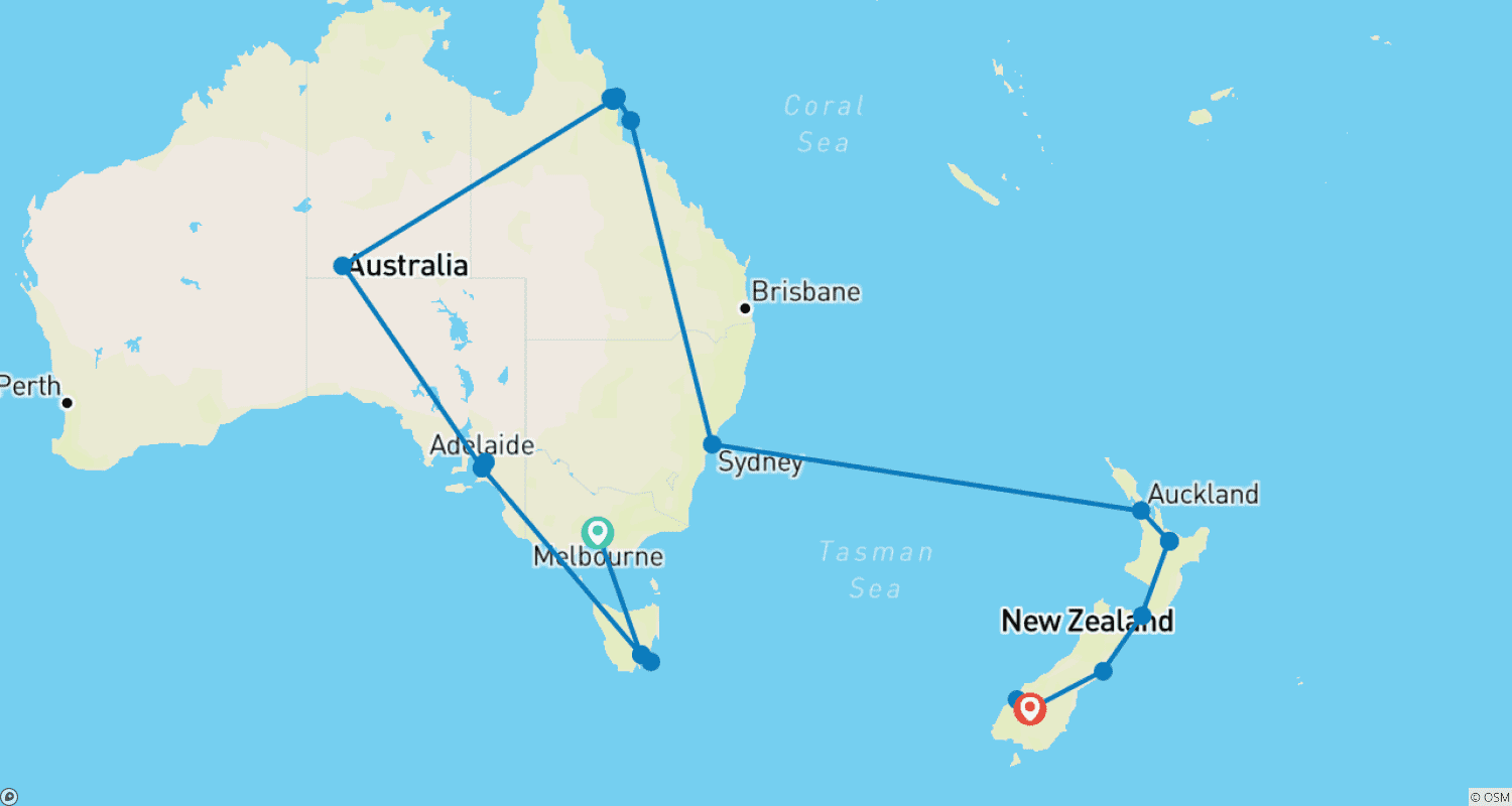 Mapa trasy: Kompletny Południowy Pacyfik (Melbourne do Queenstown) (2026)