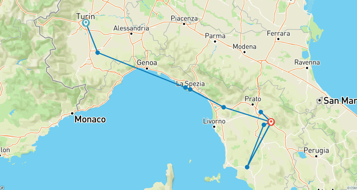 Mapa trasy: Toskania i Riwiera Włoska (Turyn do Toskanii) (2025)