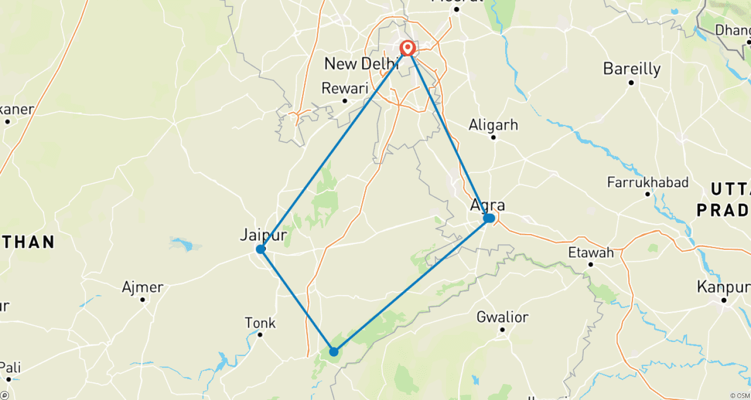 Mapa trasy: 4-dniowa wycieczka Złoty Trójkąt z safari tygrysami w Ranthambore z Delhi