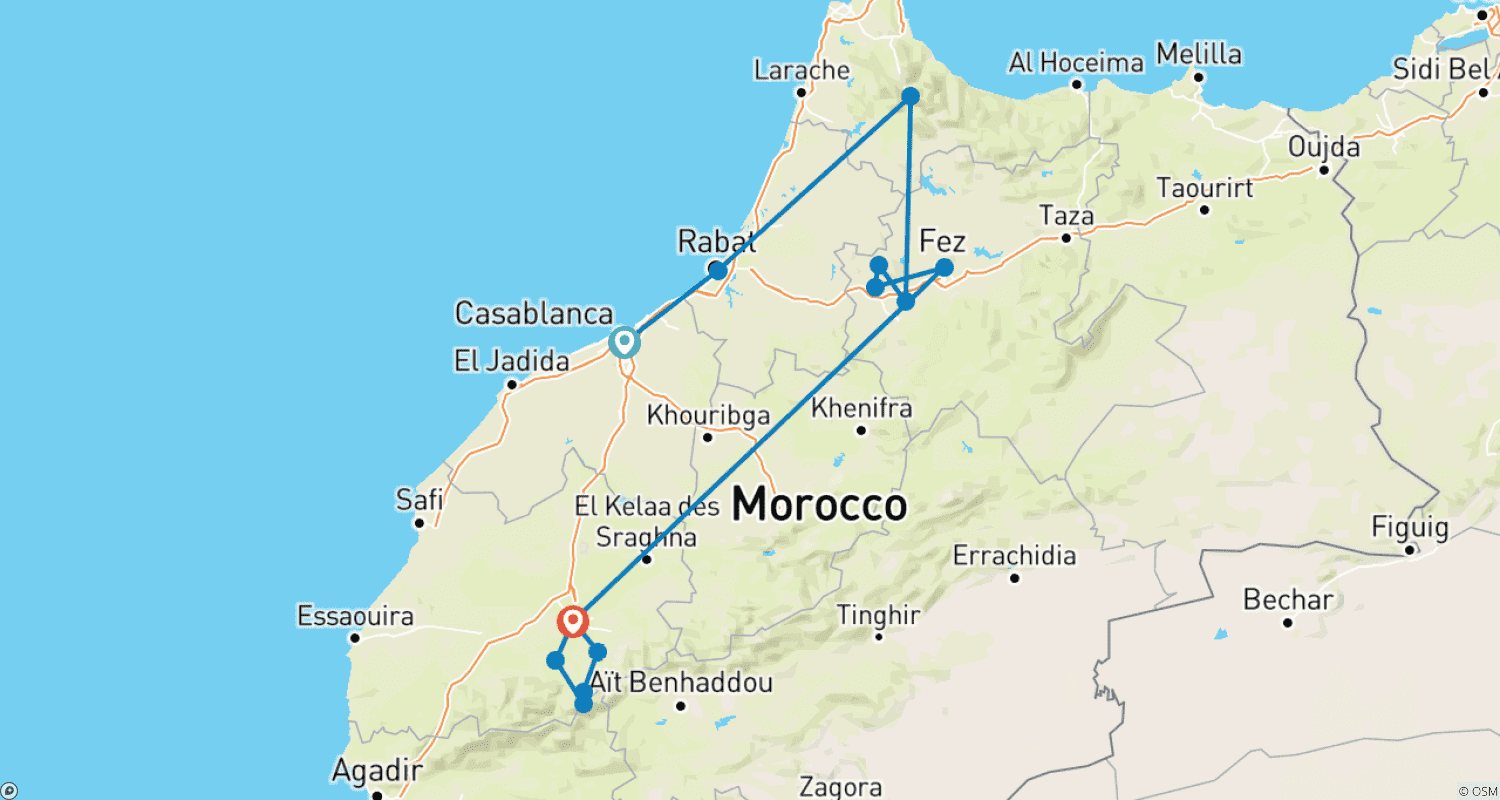 Mapa trasy: 8-dniowa wyprawa z Casablanki do Marrakeszu