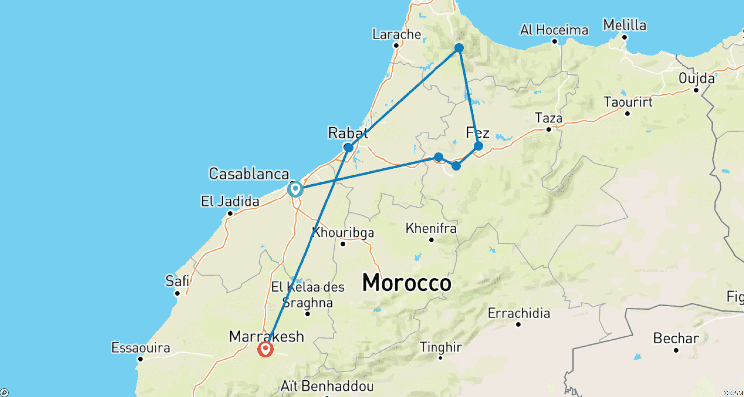 Mapa trasy: Luksusowe cuda Maroka. (W pełni z przewodnikiem, hotele 4*)