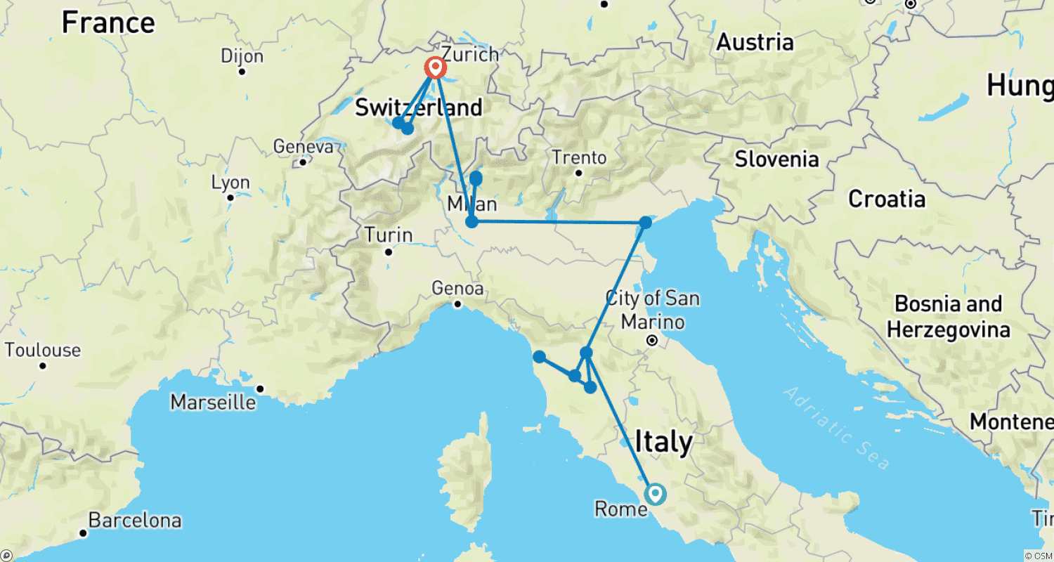 10 Day Italy & Switzerland Tour Packageのルートマップ