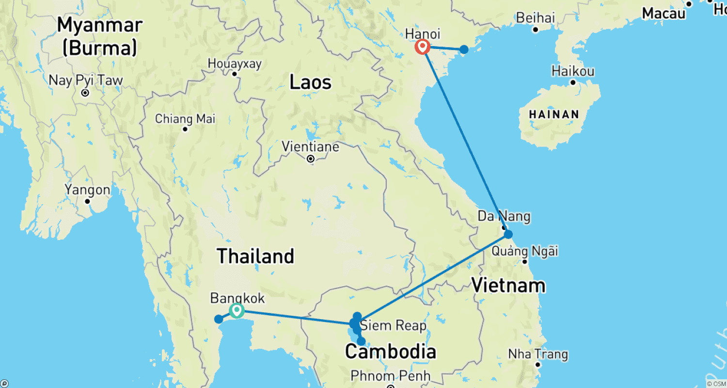 14 Days An Epic Thailand, Cambodia and Vietnam (private guide & driver）のルートマップ