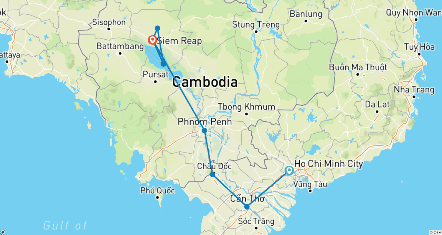 Mapa do percurso de Vietnã e Camboja: De Bicicleta de Saigon a Angkor Wat em 6 Dias