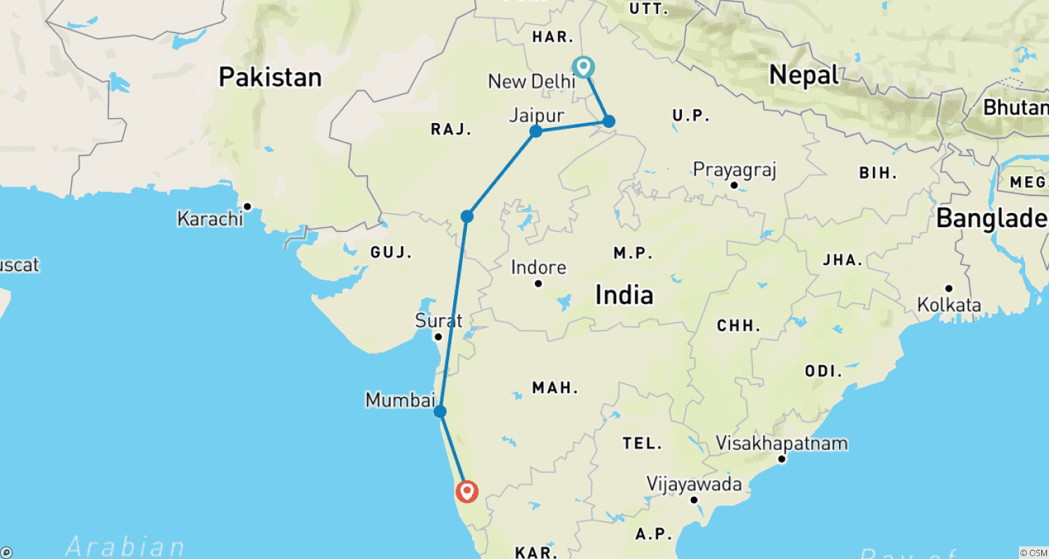 Mapa do percurso de Viagem Inesquecível ao Triângulo Dourado com Udaipur, Mumbai e Goa de 13 Dias