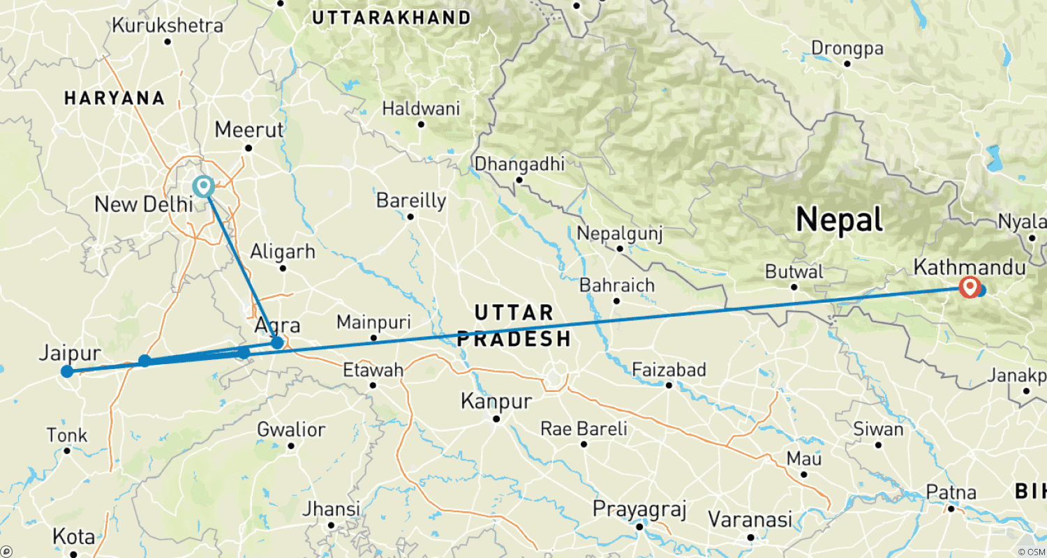 Mapa do percurso de Tour de 8 Dias pelo Triângulo Dourado Indiano Mais Vendido com Nepal