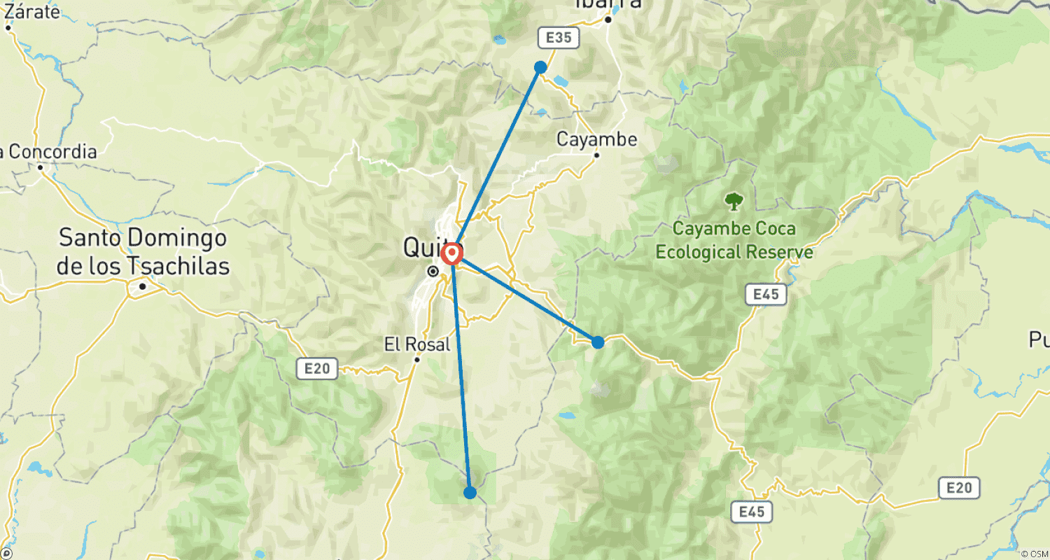 Mapa do percurso de Aventura de 5 Dias no Equador: Pontos Imperdíveis de Quito e Joias Próximas