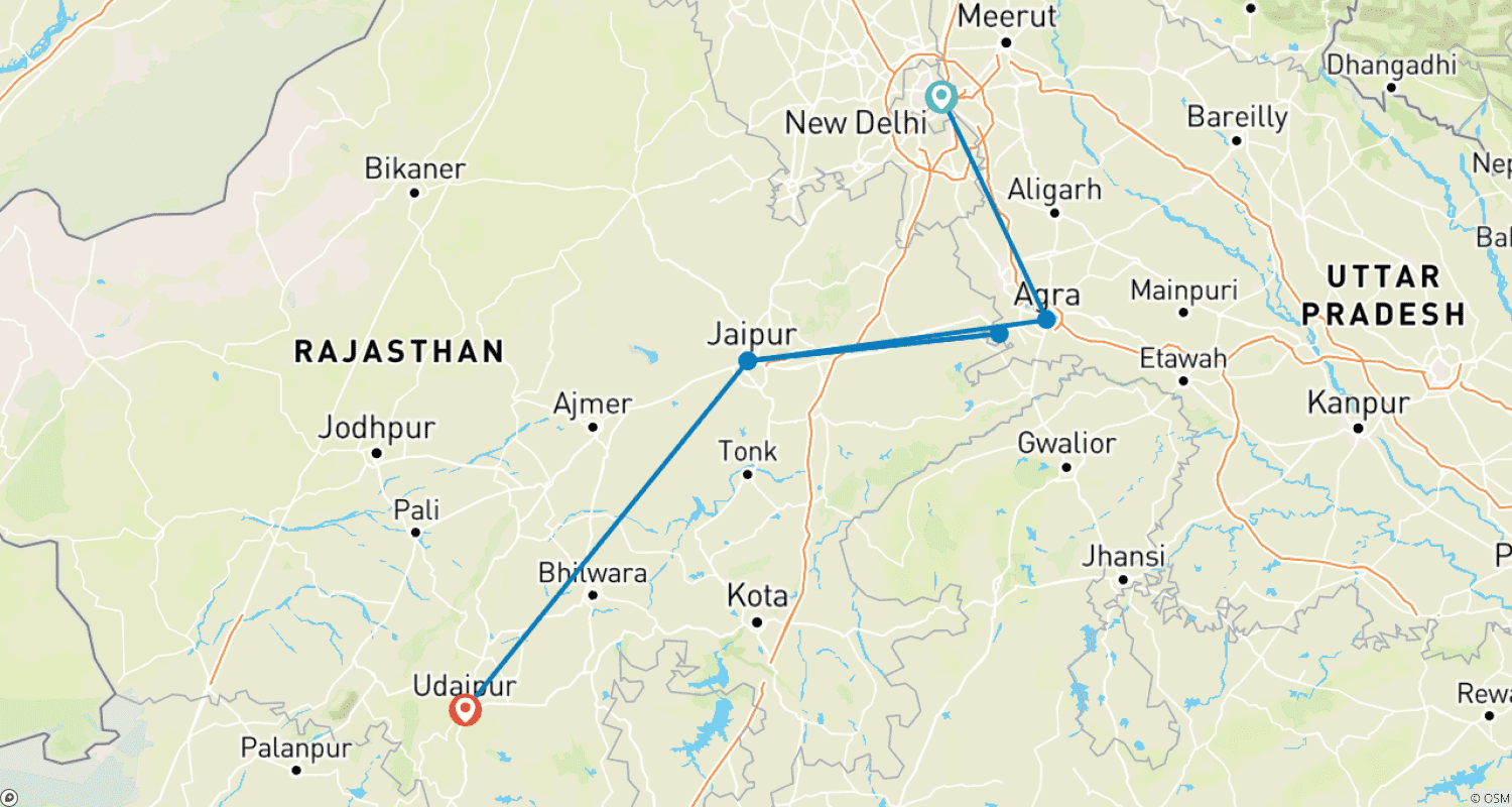 Mapa do percurso de Golden Triangle Tour with City of Lakes(Udaipur)
