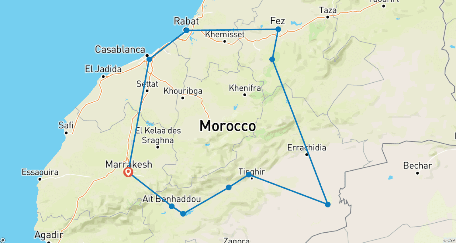 Mapa do percurso de Excursão de 5 Dias em Marrocos - Deserto do Saara e Cidades Imperiais saindo de Marraquexe