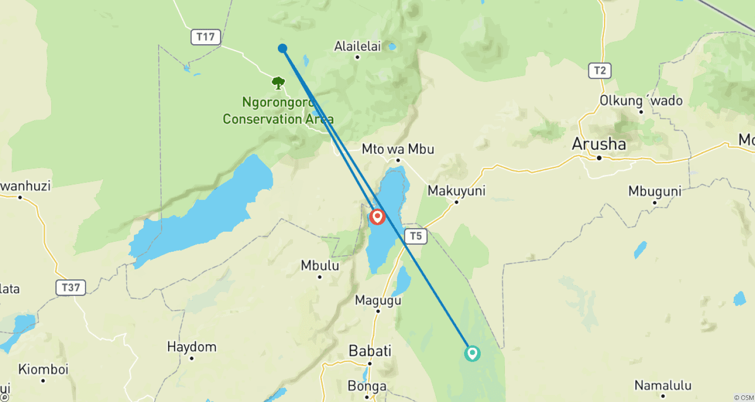 Mapa do percurso de Safari de 3 Dias em Tarangire, Ngorongoro e Manyara saindo de Moshi