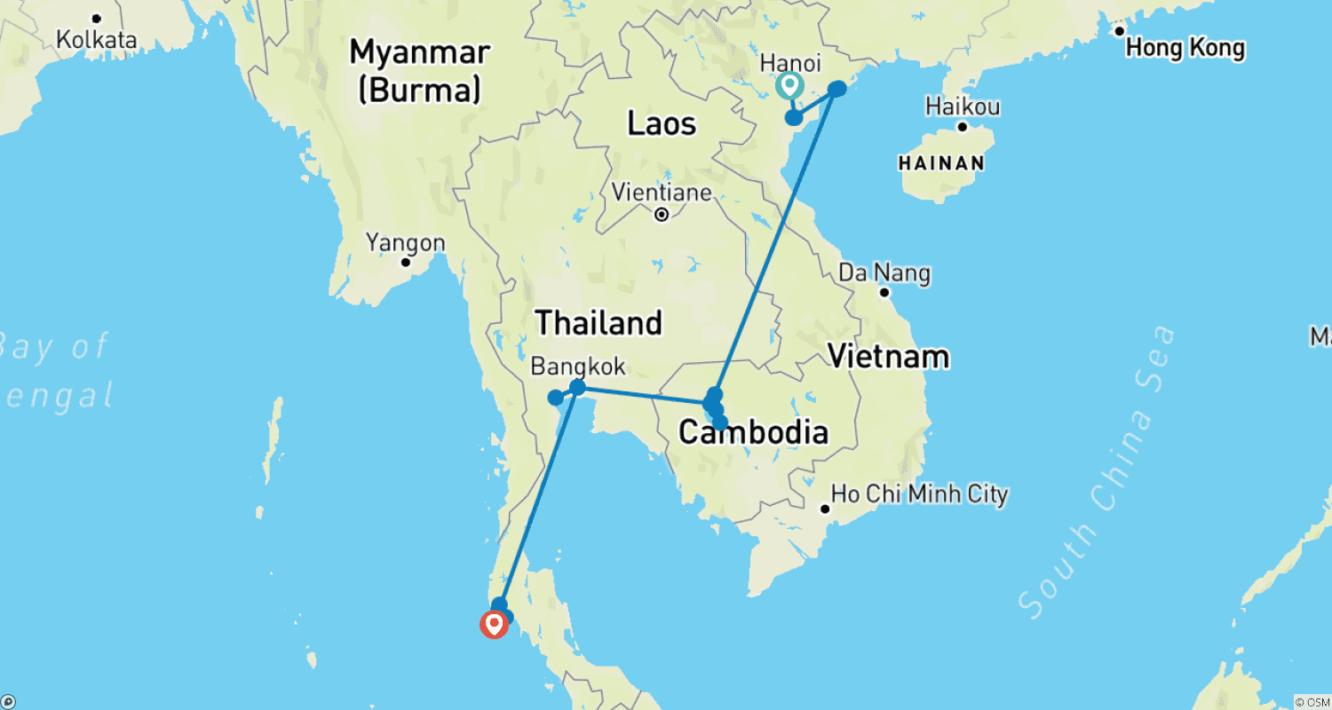 Mapa do percurso de 14 Dias: O Melhor da Tailândia, Camboja e Vietnã (guia e motorista particulares)