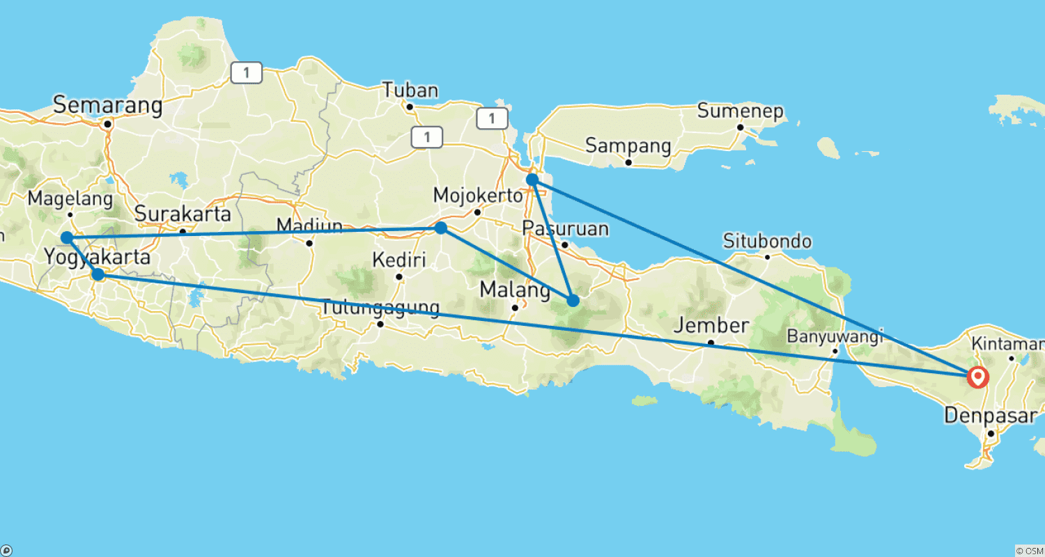 Mapa trasy: Klasyczne atrakcje Jawy (prywatna wycieczka, z/do Sudbali)