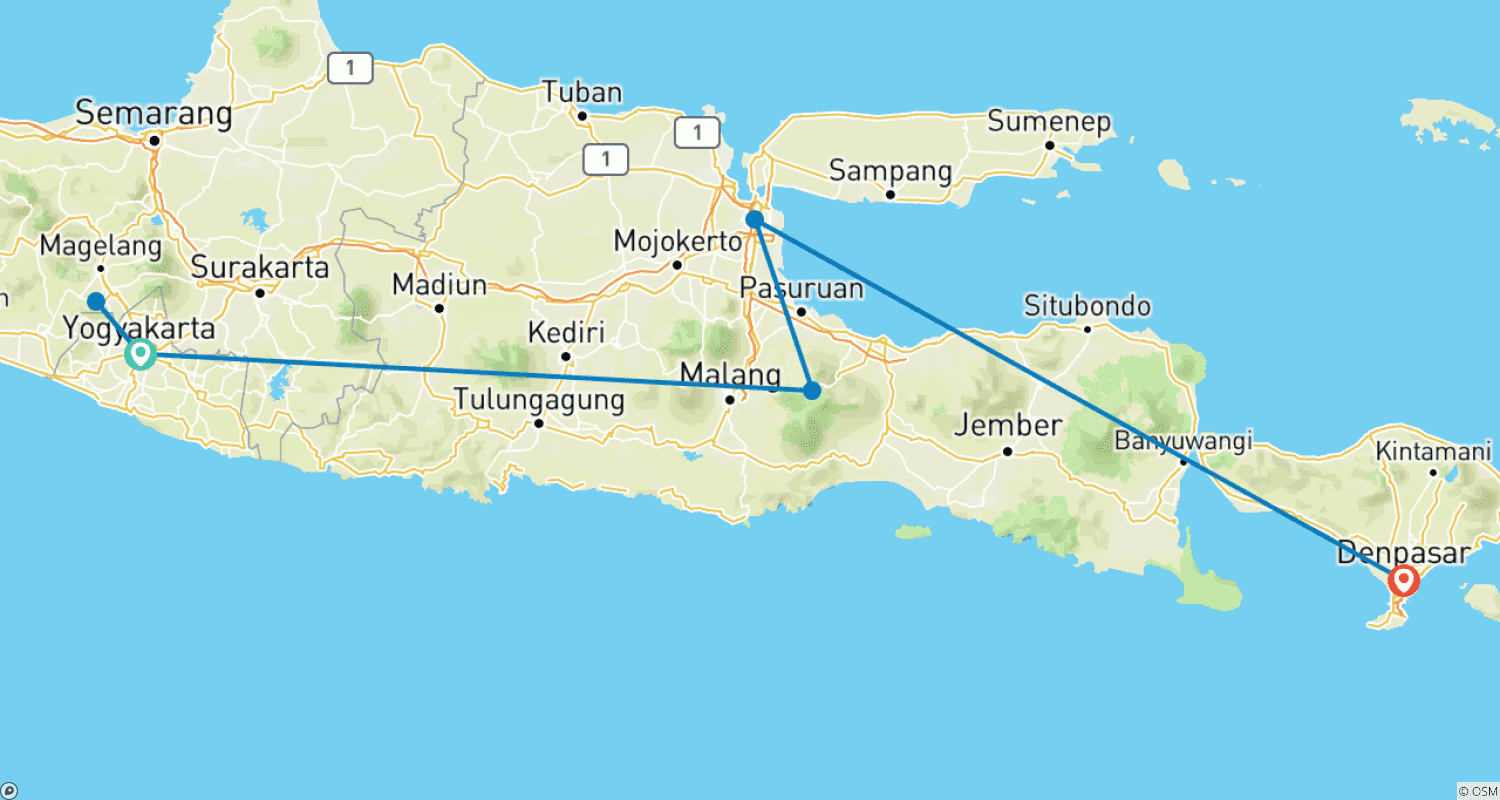 Mapa do percurso de Classic highlights of Java (group tour, from Yogyakarta/to Sudbali)