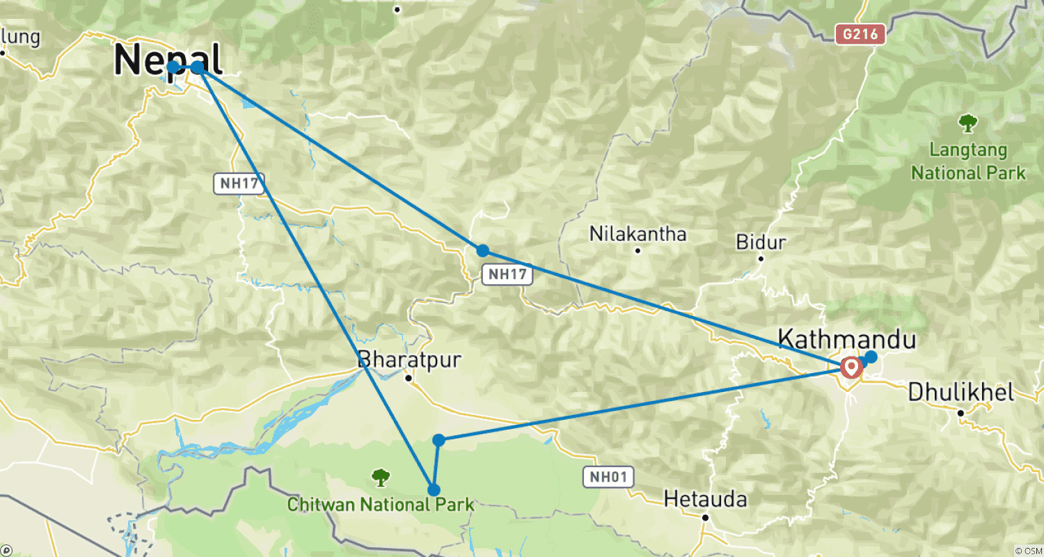 خريطة مسار (6N/7D) Nepal Tour Kathmandu – Pokhara - Chitwan