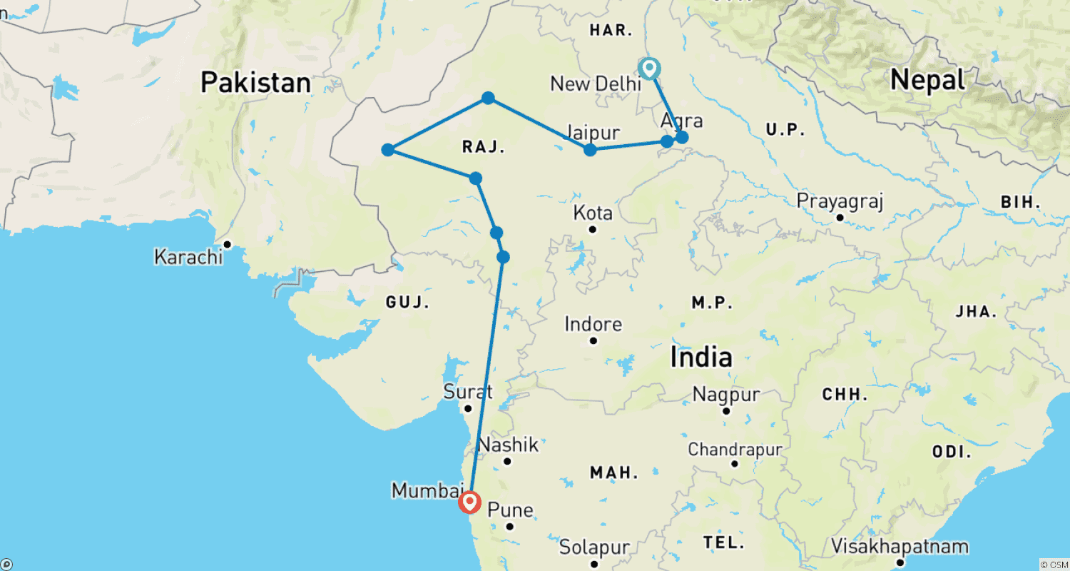Mapa do percurso de Pacote Turístico de 14 Dias: Triângulo Dourado, Rajastão e Mumbai (Tour Privado pela Índia)