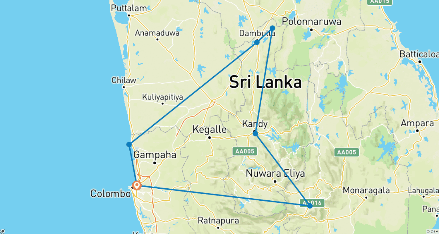 خريطة مسار Sri Lanka's cultural highlights and the highlands (group tour)