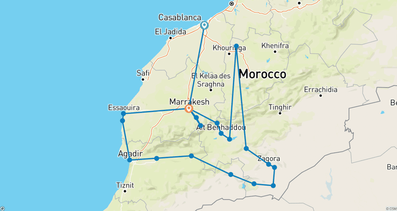Mapa trasy: 12-Days Tours From Casablanca To Marrakech & Imperial Cities Via Sahara Luxury Desert Camp