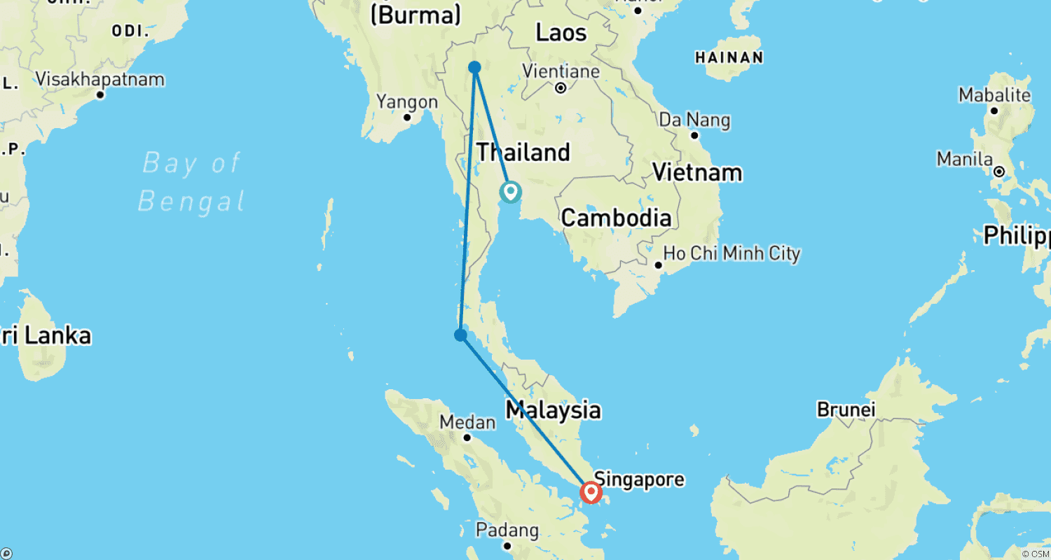Mapa trasy: 12 dni: Tajlandia i Singapur – Rodzinna wycieczka odkrywcza (prywatny przewodnik i kierowca) z możliwością dostosowania
