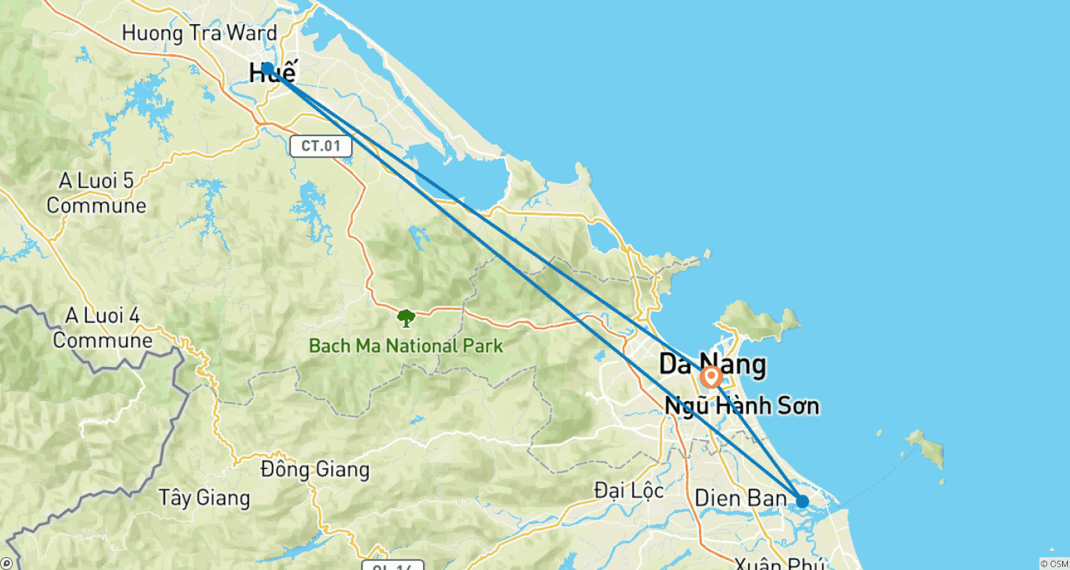 Mapa do percurso de Experiência de 5 Dias no Centro do Vietnã com Up Travel: Da Nang - Cidade Antiga de Hoi An - Cidade Imperial de Hue