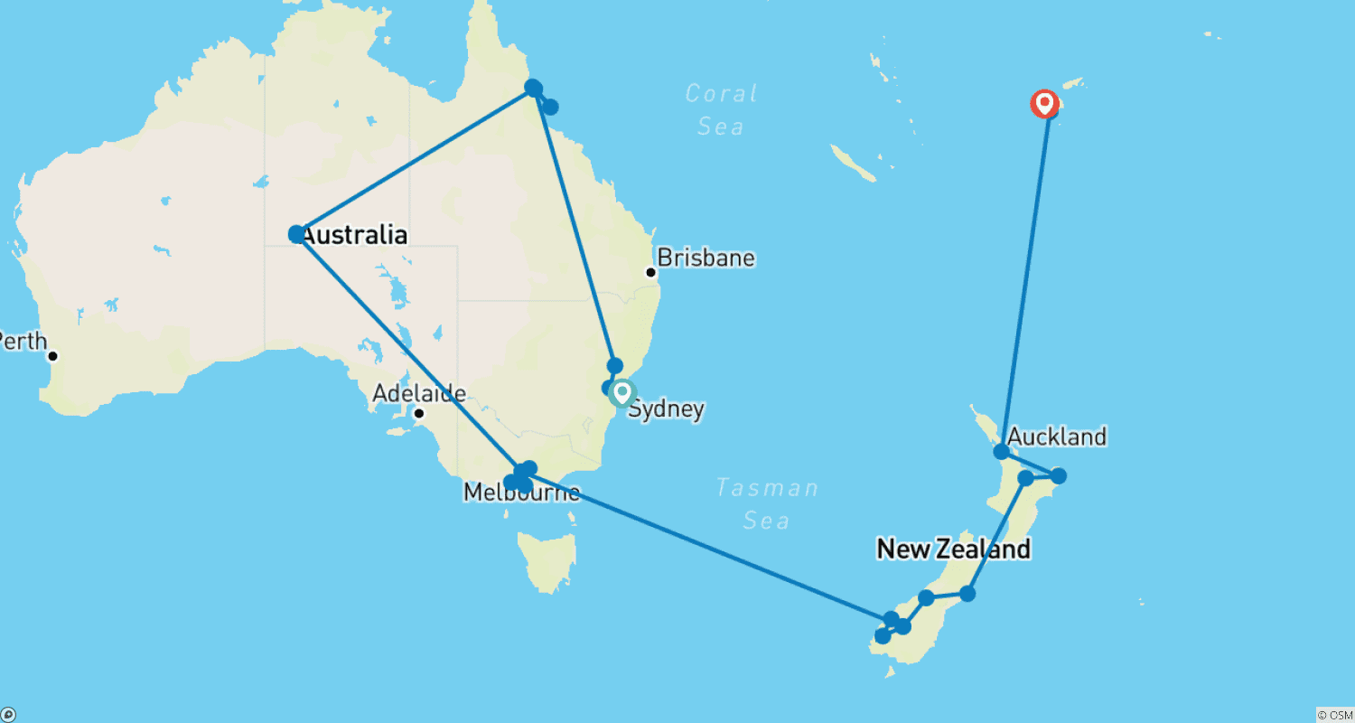 Mapa do percurso de Viagem pela Oceania com Fiji