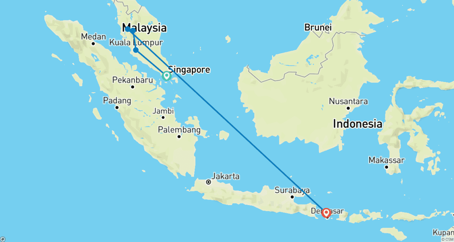 Mapa do percurso de 16 Days Typical explorations in Singapore, Malaysia and Bali (private guide & driver)