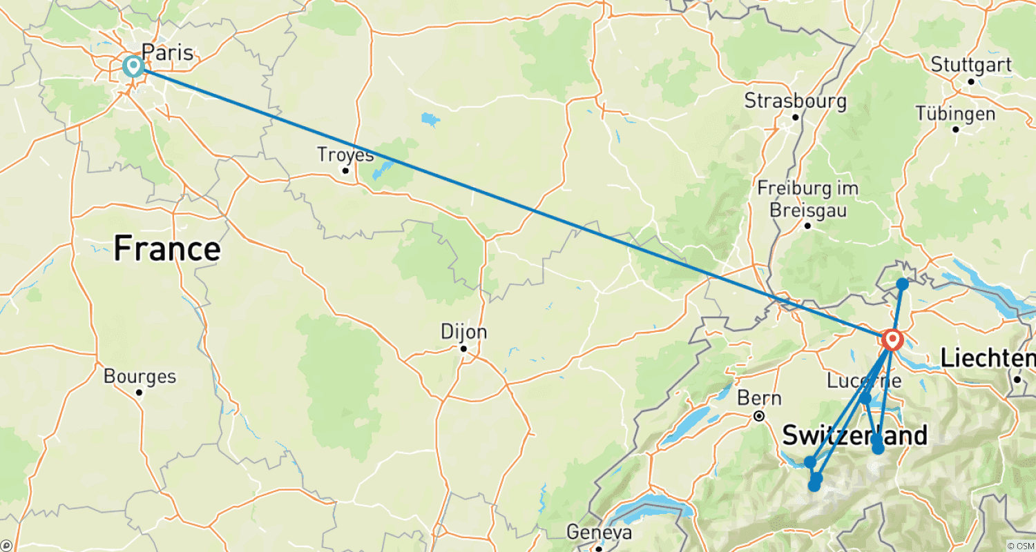 Mapa do percurso de Paris and Switzerland (stay in Zurich) in 8 days