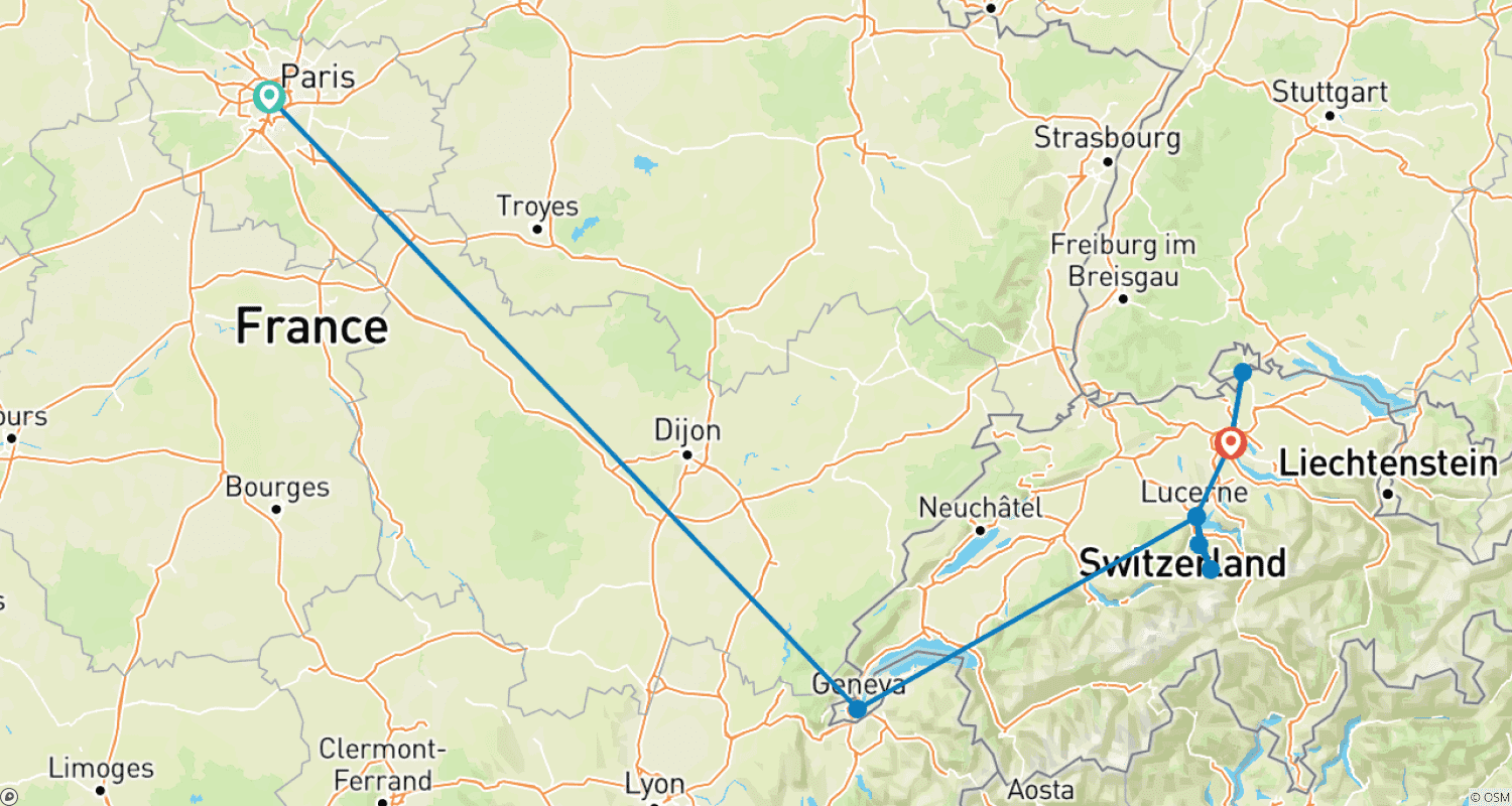 Mapa do percurso de France and Switzerland in 8 days covering Paris, Geneva, Zurich and Lucerne
