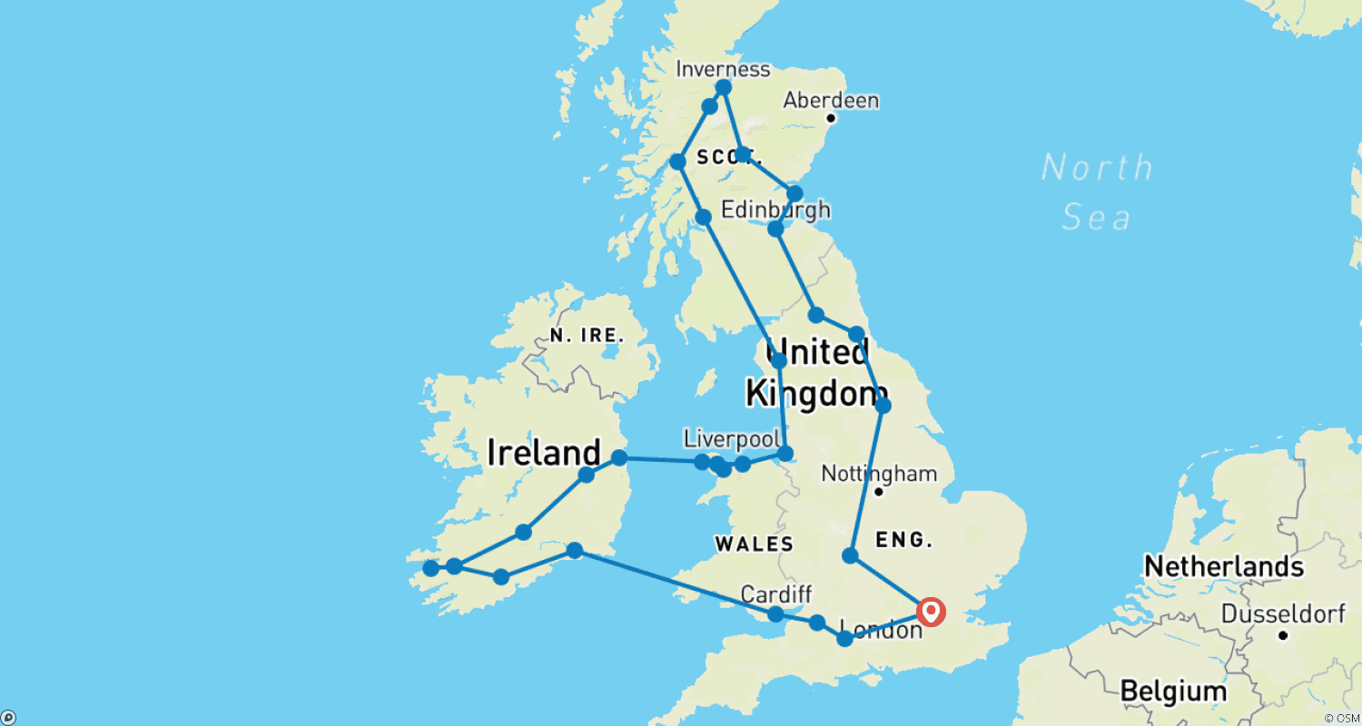 Mapa do percurso de Explorador da Grã-Bretanha e Irlanda (Pequenos Grupos)
