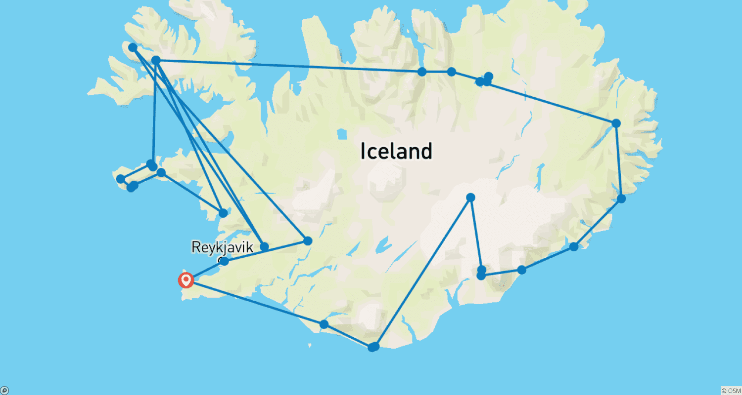 خريطة مسار جولة الدائرة الكاملة في آيسلندا مع شبه جزيرة Snæfellsnes - رحلة قيادة ذاتية لمدة 9 أيام