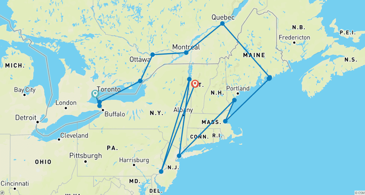 Mapa do percurso de O Melhor do Leste do Canadá e dos EUA (Clássico, Verão, 16 Dias)